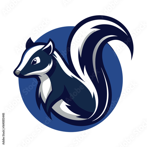 Stylized illustration of a skunk design with bold colors set against a circular backdrop