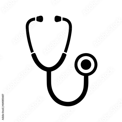 A simple black stethoscope icon representing medical care and diagnosis. Vector illustration for healthcare and physician concepts.