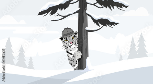 Snow leopard detective hiding behind a tree in a snowy winter wonderland scene