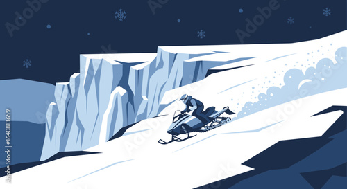 Snowmobile Adventure On Snowy Mountain Cliffside In A Winter Landscape