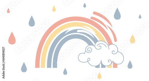 Soft Pastel Rainbow With Raindrops And Whimsical Cloud Illustration