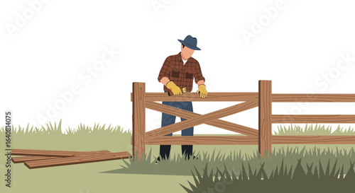 Rancher Building A Classic Wooden Ranch Fence On The Open Prairie Land