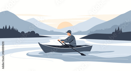 Solitary Rowboat Trip on Serene Lake Surrounded by Majestic Mountain Views