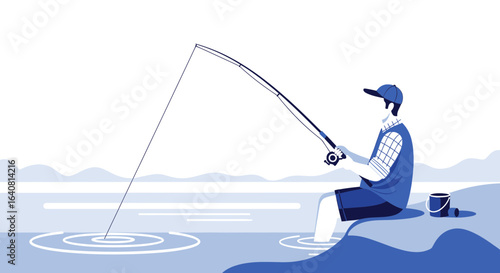 Solitary Fisherman Enjoying Peaceful Day Casting Fishing Rod in Serene Lake