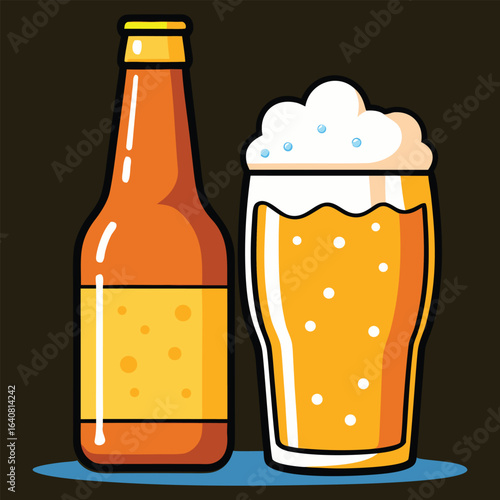 Realistic beer bottle and frothy glass with golden glow condensation droplets
