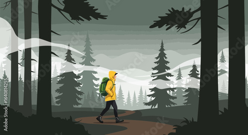Solo Hiker Navigating Through A Mystical Forest Adventure In Vector Style