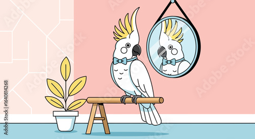 Sophisticated cockatoo with bow tie in a modern interior cartoon illustration