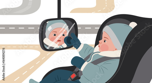 Rear Facing Baby Mirror View Of Infant In A Car Seat With Road