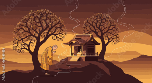 Spiritual Connection Monk Meditating At Peaceful Temple Landscape Illustration