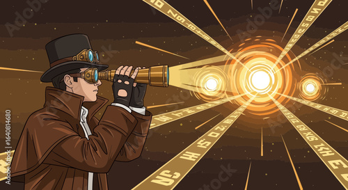 Steampunk Explorer Gazing Through Telescope Into Luminous Galaxy Constellations