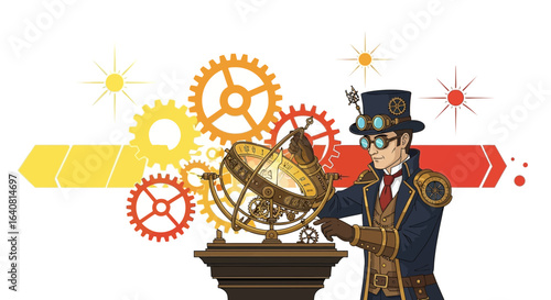 Steampunk Inventor Examining Armillary Sphere with Cogs and Gears Background