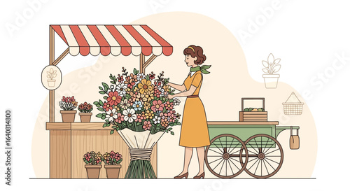 Vintage Woman Arranging Flowers At Market Stall Full Of Blooms