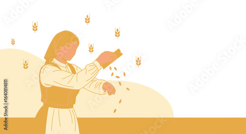 Vintage Woman Farmer Sowing Grain Seeds Cultivating Agriculture Illustration
