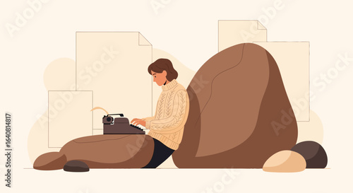 Vintage writer creating content on a classic typewriter in a rustic environment scene