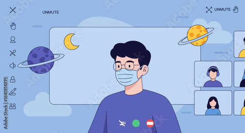 Virtual Meeting In Space Theme While Wearing Mask Shows Video Conference Illustration