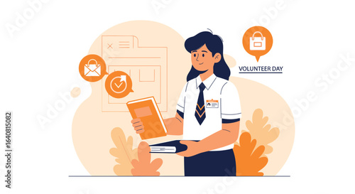 Volunteer day illustration with woman holding books and icons for volunteering work