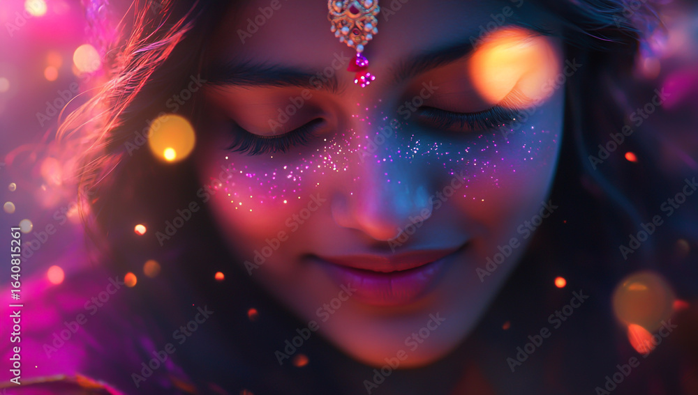 Fototapeta premium Beautiful young woman with glitter and bokeh lights