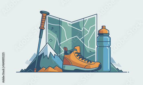 Hiking gear vector illustration: folded trail map, trekking pole, waterproof hiking boot, reusable water bottle and mountain peak backdrop for outdoor adventure, travel, camping, trail navigation