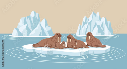 Walruses Relaxing On An Iceberg In The Arctic Landscape Illustration