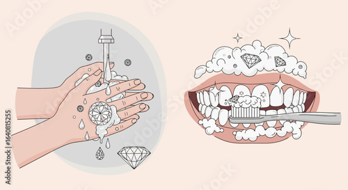 Washing hands with diamonds and brushing teeth with a toothbrush and diamonds