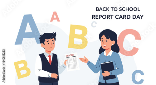 Student Receiving School Report Card From Teacher With Alphabet Letters