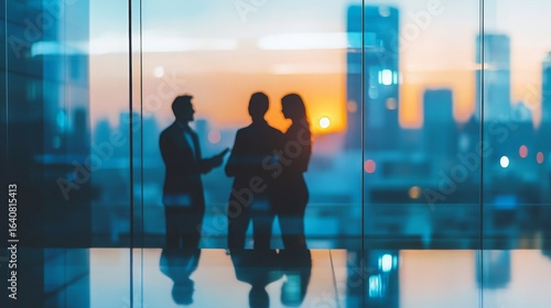 Silhouettes of three professionals conversing against a sunset backdrop in a modern office setting, highlighting collaboration and business dynamics.