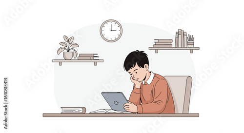 Student Using Tablet For Online Education At Home While Sitting At Desk