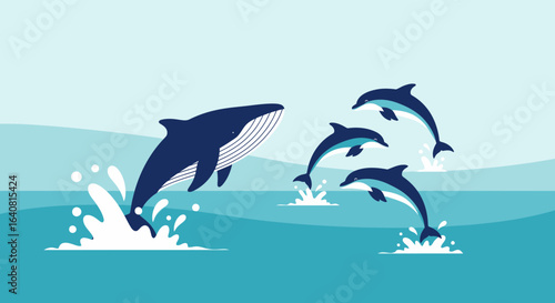 Whale And Dolphins Leaping From The Ocean Aquatic Mammals Splashing Water