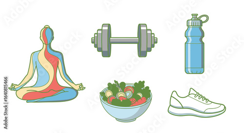 Minimalist fitness and wellness icons pack featuring meditating yoga silhouette, adjustable dumbbell, reusable water bottle, fresh vegetable salad bowl and lightweight running shoe for health apps