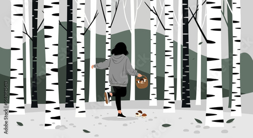 Whimsical Autumn Forest Scene With Girl Foraging Mushrooms In Peaceful Serenity