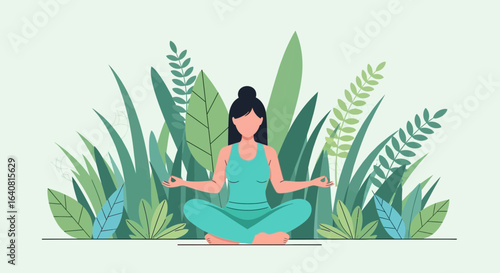 Zenith of serenity an illustration of a woman meditating amidst lush greenery providing a tranquil and peaceful feeling