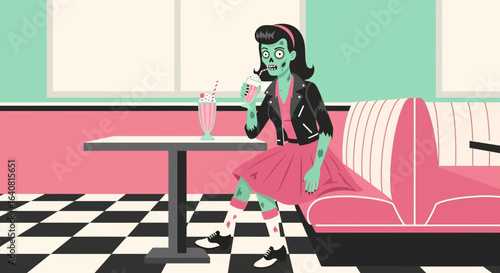 Zombie Woman Relaxing at a Retro Diner with a Milkshake Illustration