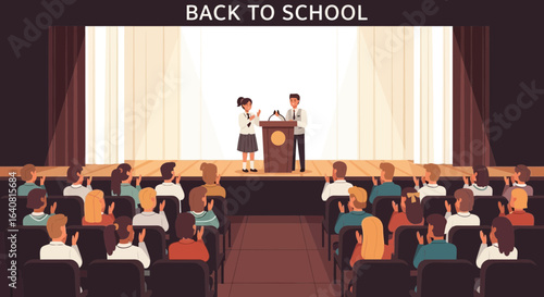 Students speaking at podium on stage with audience clapping, back to school event or speech in an auditorium setting with curtain backdrop