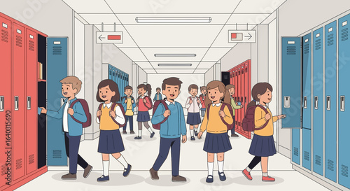Students Walking In School Hallway Towards Lockers With Backpacks Education