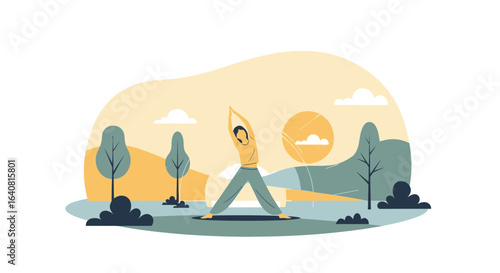 Woman Practicing Yoga Outdoors In Tranquil Setting Under Gentle Sunlight Vector Illustration