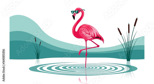 Stylish Flamingo in a Serene Pond with Sunglasses, Reflecting Tranquility