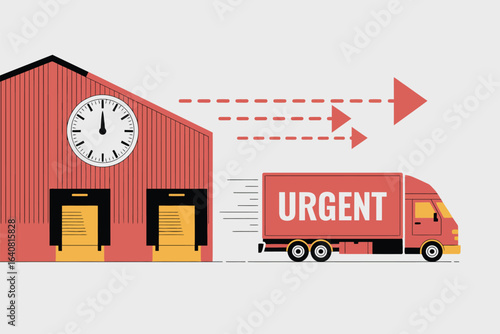 A red delivery truck with the word urgent on the side leaving a warehouse with a clock on the side
