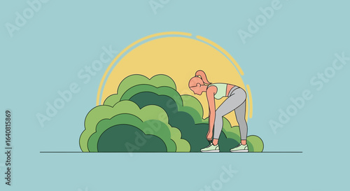 Woman Preparing For Run Tying Shoelaces During Warm Sunrise Outdoors