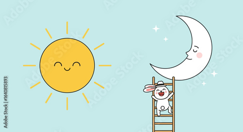 Whimsical cartoon illustration featuring a cheerful sun, moon, rabbit and ladder, conveying dream fulfillment in a bright and joyful world