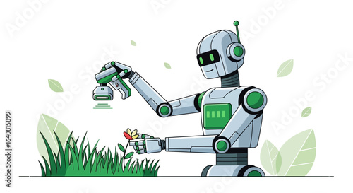 Robot tending to flower using advanced technology representing future agriculture
