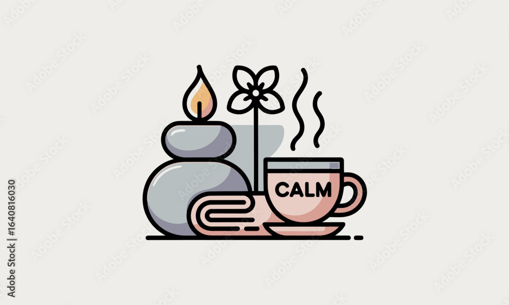 Serene spa still life with stacked massage stones, burning candle, steaming tea cup labeled CALM, folded towel and flower — minimalist flat vector for relaxation, self-care and aromatherapy Serene spa still life with stacked massage stones, burning candle, steaming tea cup labeled CALM, folded towel and flower — minimalist flat vector for relaxation, self-care and aromatherapy