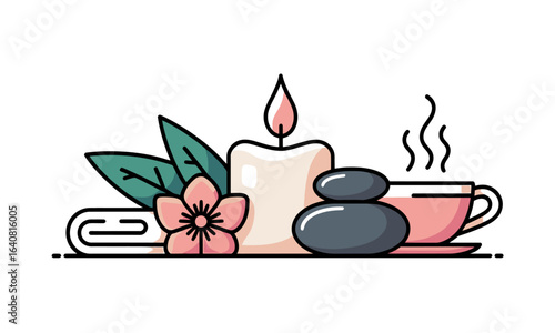 Relaxing spa set with aromatic soy candle, stacked black massage stones, steaming herbal tea cup, pink flower, rolled towel and green leaves for wellness, aromatherapy, massage therapy, selfcare