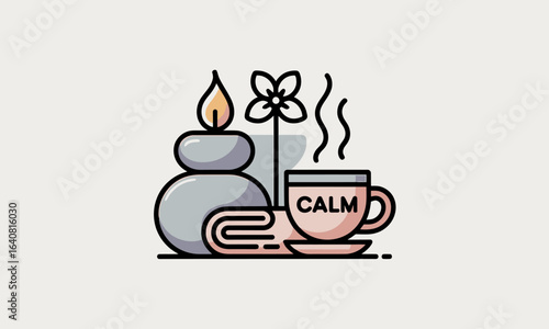 Serene spa still life with stacked massage stones, burning candle, steaming tea cup labeled CALM, folded towel and flower — minimalist flat vector for relaxation, self-care and aromatherapy