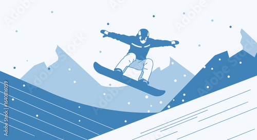 Stylish Snowboarder Leaping High Above Mountain Range Against Snowy Winter Landscape