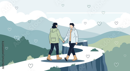 Romantic Couple Enjoying a Scenic Mountain Walk Holding Hands with Affection and Love in Nature