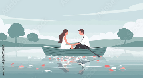 Romantic couple in a rowboat on a serene lake surrounded by nature, celebrating love and togetherness in a peaceful setting