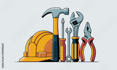 Stylish Construction Tools and Safety Helmet Vector Design, Perfect for Construction Industry, DIY Projects, and Home Renovation Crafts in a Modern, Eye-Catching Illustration Style