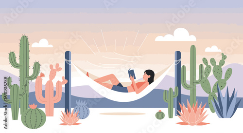 Woman relaxing in hammock, reading a book amidst desert landscape, illustration of peaceful retreat under the sun