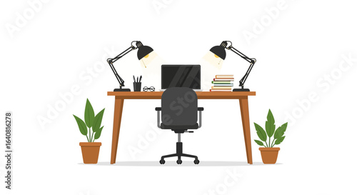 Stylized home office setup with desk, chair, laptop, plants, and task lamps for remote work or study with white background