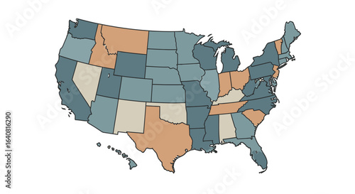 Stylized United States choropleth map with muted teal, blue, orange and beige colors, vector infographic of state outlines with Alaska and Hawaii insets, clean flat design for presentations
